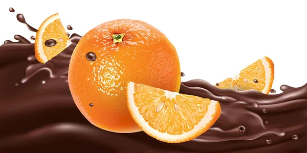 Ganze und in Scheiben geschnittene Orangen auf einer Schokoladenwelle. — Stockvektor
