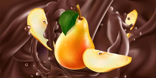 Whole and sliced pears in liquid chocolate. — Stock Vector