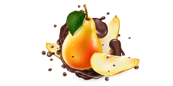Fresh pears and splashes of liquid chocolate. — Stock Vector