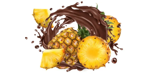 Ananas entiers et tranchés dans une éclaboussure de chocolat. — Image vectorielle