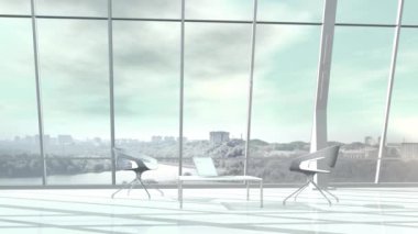Şehir manzarasına bakan panoramik pencereli büyük bir ofis..