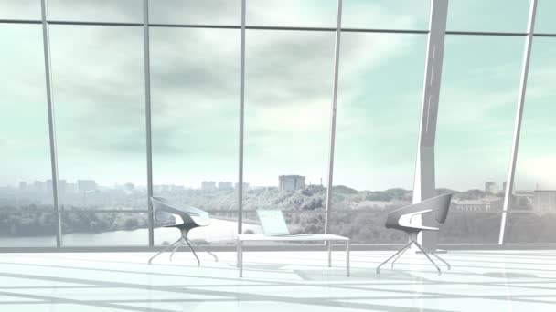 Escritório enorme com janelas panorâmicas com vista para a paisagem urbana . — Vídeo de Stock