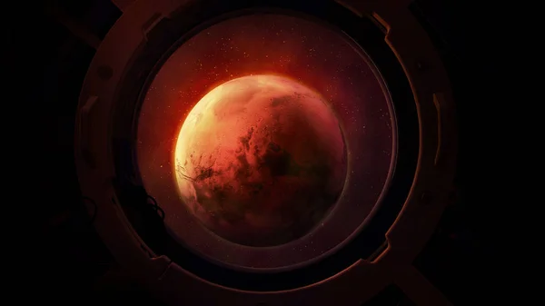 Планета Марс из иллюминатора круглого космического корабля. — стоковое фото
