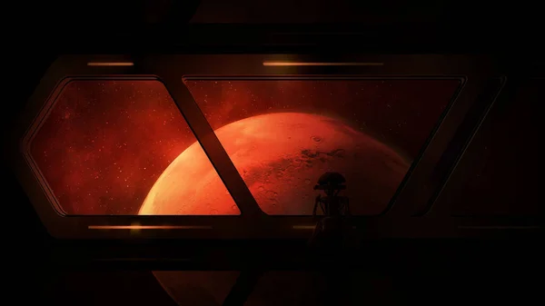 船にドロイドが乗っている宇宙船からの火星の眺め. — ストック写真