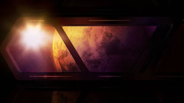 宇宙ステーションの窓からの火星と太陽のぎらつき. — ストック写真