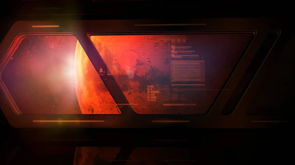 Παράθυρο διαστημικού σταθμού με θέα τον Άρη και εικονικά δεδομένα. — Φωτογραφία Αρχείου