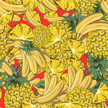 Ananas ve muzla klasik tarzda renksiz desenli.