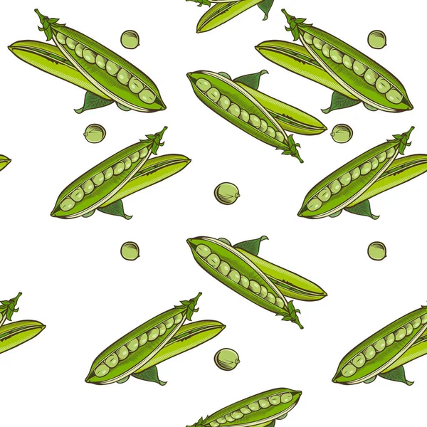 Colored seamless pattern with green pea pods in vintage style — Stock Vector