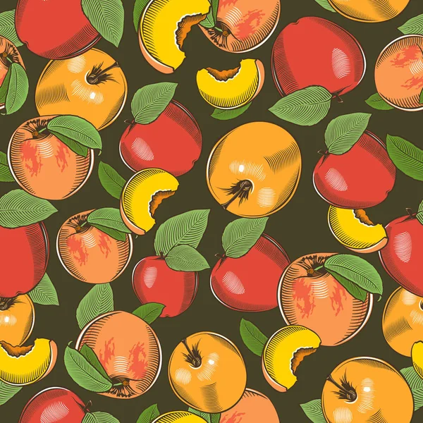 Farbige nahtlose Muster mit Äpfeln und Pfirsichen im Vintage-Stil — Stockvektor