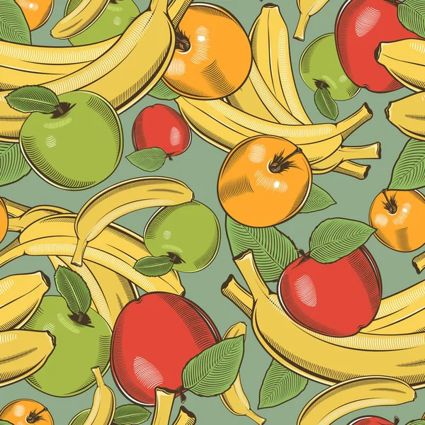 Färgat sömlöst mönster med bananer och äpplen i vintage stil — Stock vektor