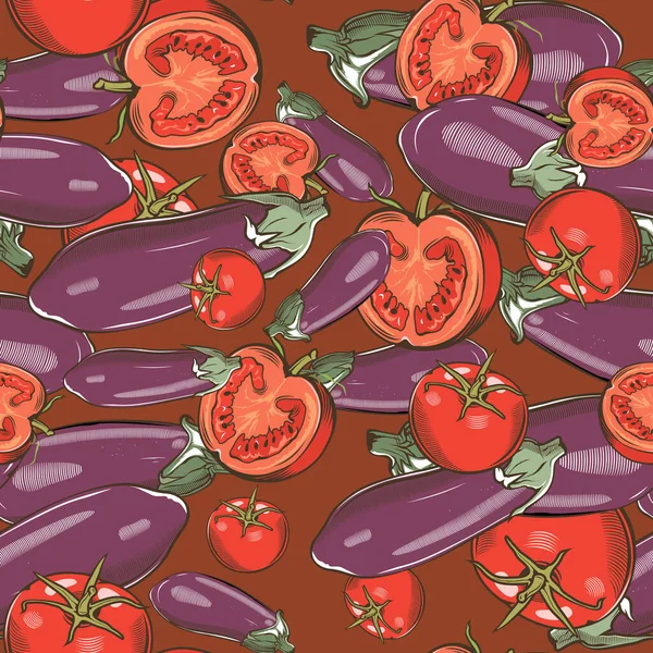 Farbige nahtlose Muster mit Auberginen und Tomaten im Vintage-Stil — Stockvektor