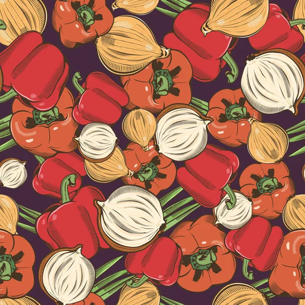 Farbige nahtlose Muster mit Paprika und Zwiebeln im Vintage-Stil — Stockvektor