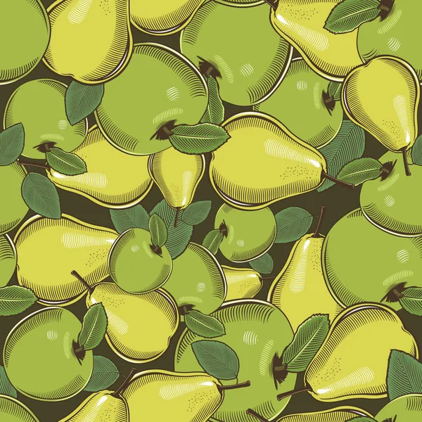 Färgat sömlöst mönster med gröna äpplen och päron i vintage stil — Stock vektor