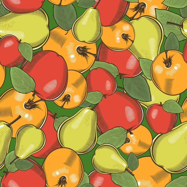 Farbige nahtlose Muster mit Äpfeln und Birnen im Vintage-Stil — Stockvektor