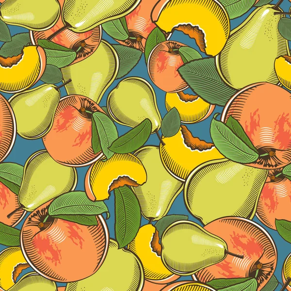 Färgat sömlöst mönster med persikor och päron i vintage stil — Stock vektor
