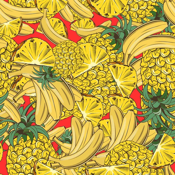 Színes zökkenőmentes minta ananásszal és banánnal vintage stílusban — Stock Vector