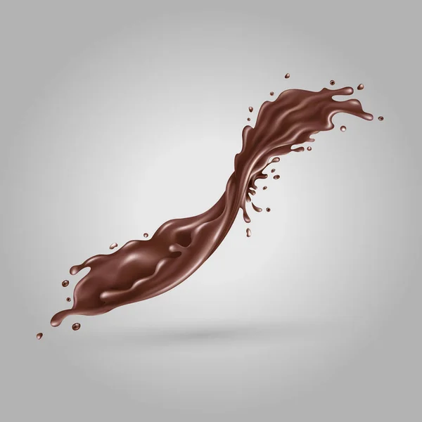 Salpicar chocolate líquido sobre un fondo gris — Vector de stock
