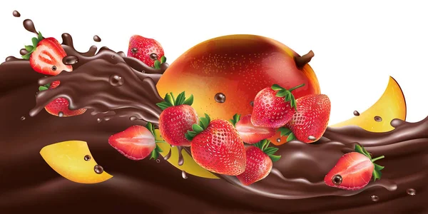 Φρέσκο μάνγκο με φράουλες σε σοκολατένιο κύμα. — Διανυσματικό Αρχείο