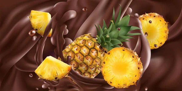 Abacaxis inteiros e fatiados em chocolate líquido . — Vetor de Stock