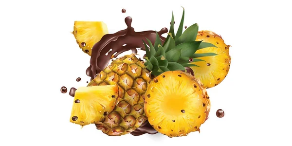 Ananas frais et éclaboussures de chocolat liquide. — Image vectorielle