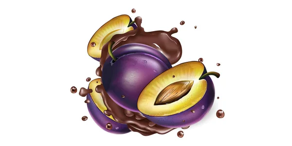 Prunes fraîches et éclaboussures de chocolat liquide. — Image vectorielle