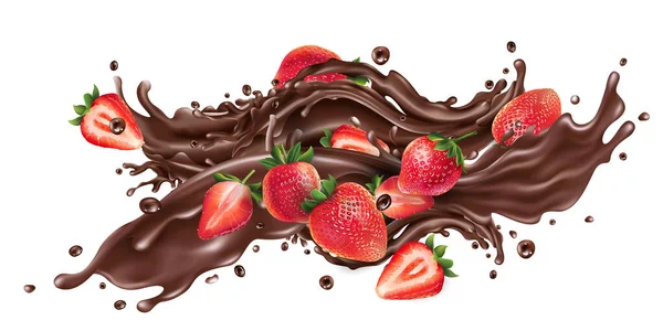 Splash de chocolate líquido e morangos frescos . — Vetor de Stock