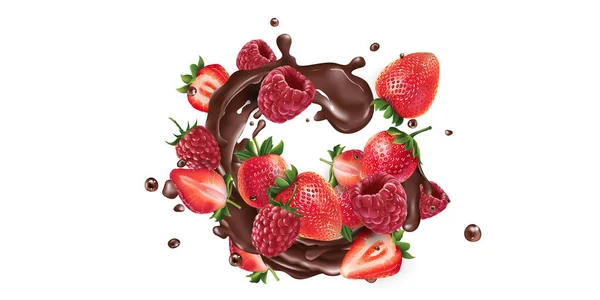 Νωπές φράουλες και σμέουρα και πιτσιλιές υγρής σοκολάτας. — Διανυσματικό Αρχείο