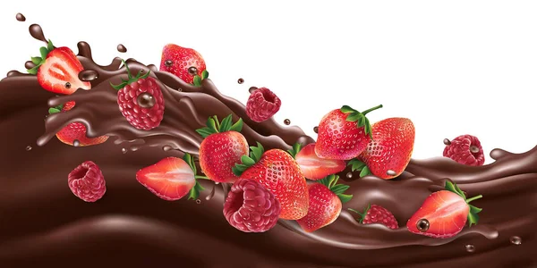 Frische Erdbeeren und Himbeeren auf der Schokoladenwelle. — Stockvektor