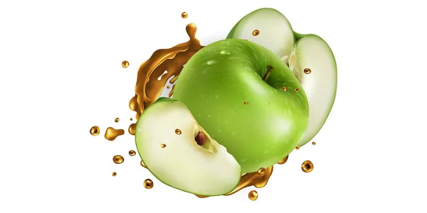 Manzanas verdes frescas y un chorrito de jugo de frutas. — Archivo Imágenes Vectoriales