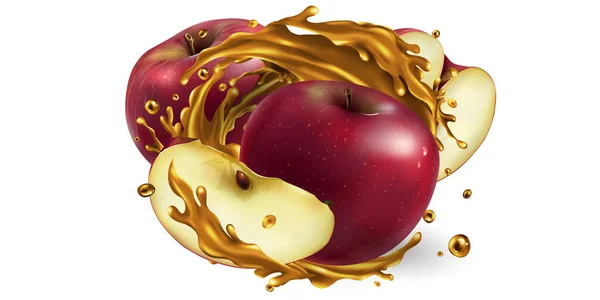 Egész és szeletelt vörös alma gyümölcslében fröccsenve. — Stock Vector