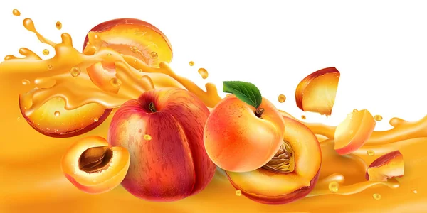 Ganze und in Scheiben geschnittene Pfirsiche und Aprikosen auf einer Fruchtsaftwelle. — Stockvektor