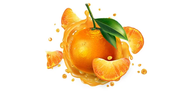 Fresh mandarins and a splash of fruit juice. — Stock Vector
