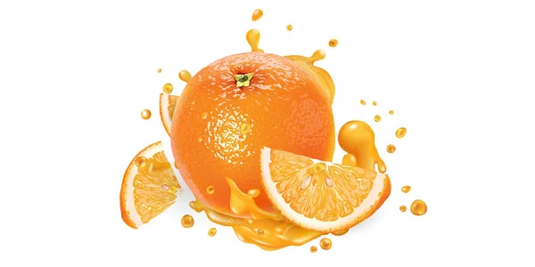 Fresh orange and a splash of fruit juice. — Stock Vector