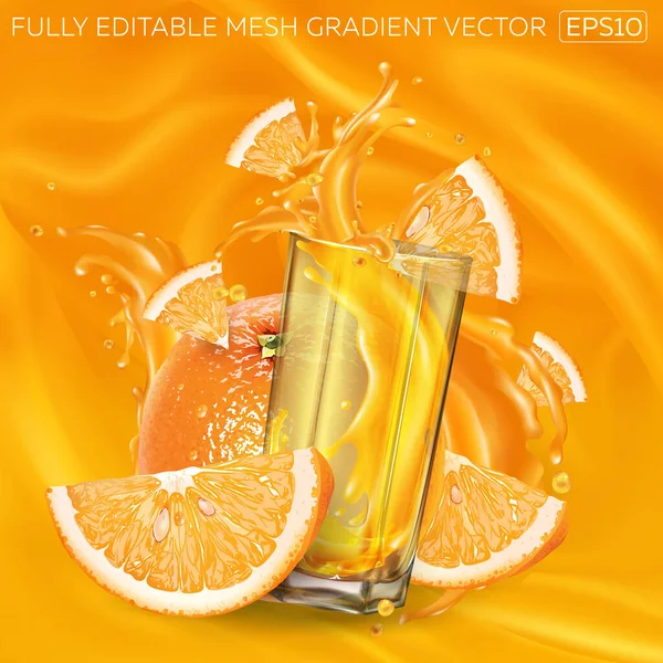 Naranjas y un vaso de zumo salpicado sobre un fondo de zumo de frutas. — Vector de stock