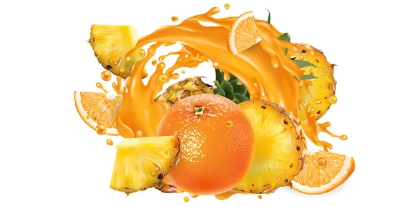 Ananas et oranges dans une éclaboussure de jus. — Image vectorielle