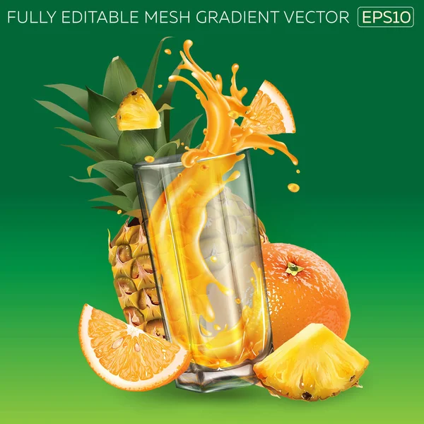 Ananas, arancia e succo d'arancia in un bicchiere. — Vettoriale Stock