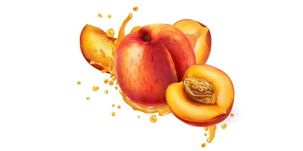 Целые и нарезанные персики в брызгах фруктового сока. — стоковый вектор