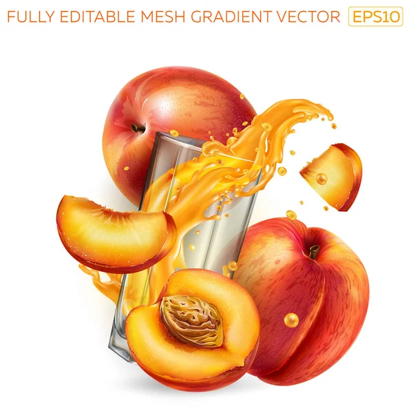 Salpicadura de zumo de fruta en un vaso entre melocotones frescos. — Archivo Imágenes Vectoriales