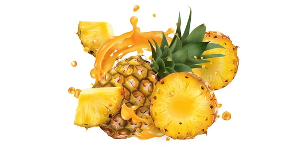 Färsk ananas och en skvätt fruktjuice. — Stock vektor