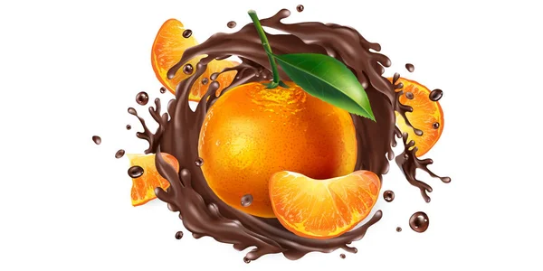 Whole and sliced mandarins in a chocolate splash. — Stock Vector