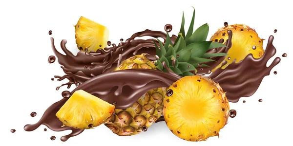 Salpicadura de chocolate líquido y piñas frescas. — Vector de stock