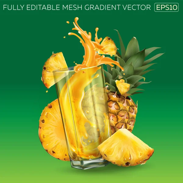 Ananas e un bicchiere di succo su fondo verde. — Vettoriale Stock