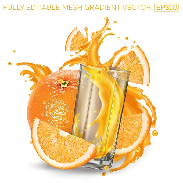 Naranjas y un vaso de zumo de frutas salpicado. — Vector de stock