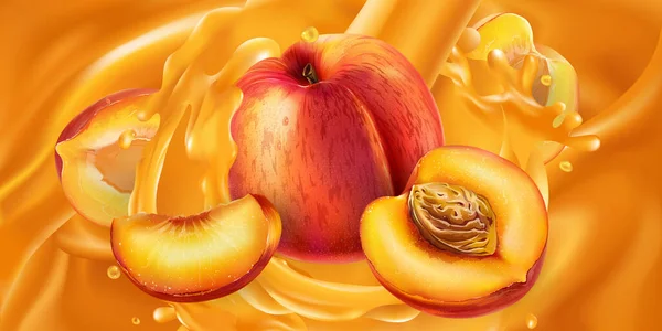 Gehele en gesneden perziken in vruchtensap. — Stockvector