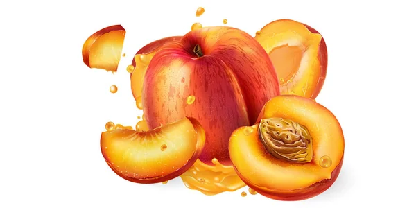 Frische Pfirsiche und ein Spritzer Fruchtsaft. — Stockvektor