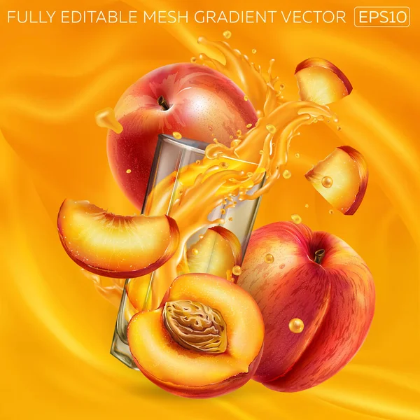 Verse perziken en een glas spuitsap op een achtergrond van vruchtensap. — Stockvector