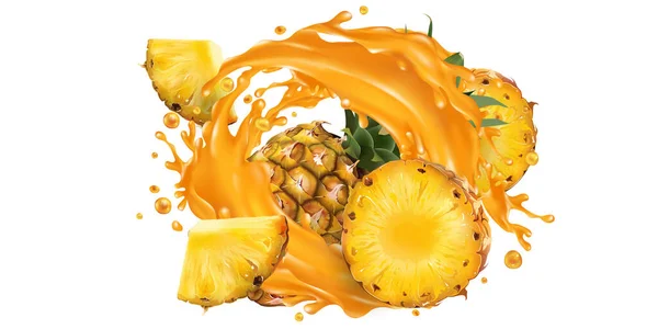 Whole and sliced pineapple in a juice splash. — Stock Vector