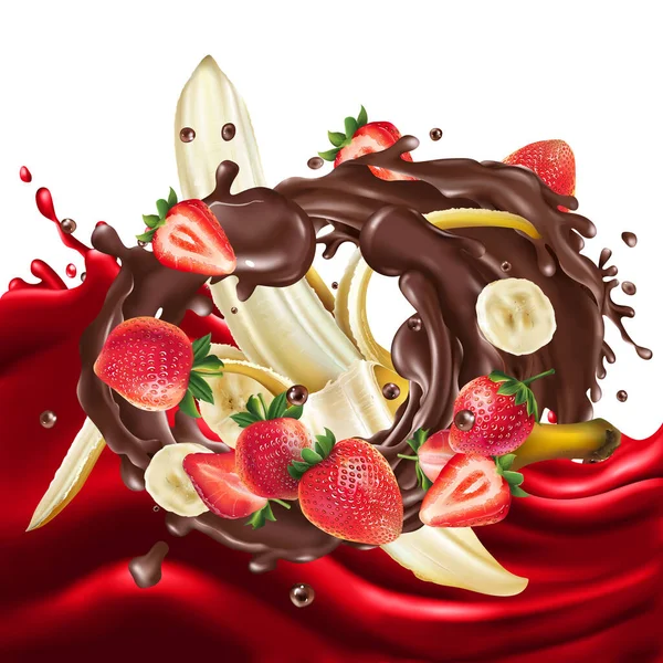 Plátanos, fresas, salpicaduras de chocolate y una ola de zumo de frutas. — Vector de stock