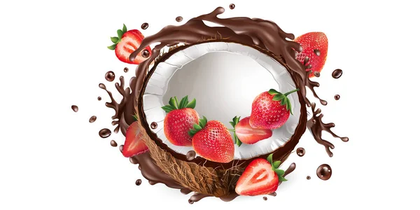 Φρέσκια καρύδα με φράουλες σε μια βουτιά σοκολάτα. — Διανυσματικό Αρχείο