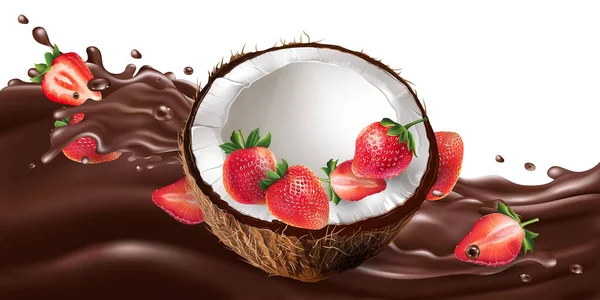 Φρέσκια καρύδα με φράουλες σε ένα κύμα σοκολάτας. — Διανυσματικό Αρχείο